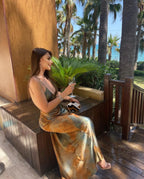 Abstract Marble Print Spaghetti Strap Rhinestone Strap Backless Maxi Gown