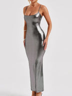 Metallic Scoop Neck Spaghetti Strap Bodycon Maxi Dress
