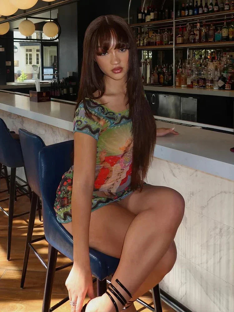 Mesh Classical Art Print Boat Neck Short Sleeve Bodycon Mini Dress