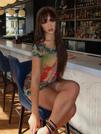 Mesh Classical Art Print Boat Neck Short Sleeve Bodycon Mini Dress