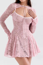 A-Line Mini Dress with O-Neck, High Waist, Long Sleeves, and Lace-Up Detail