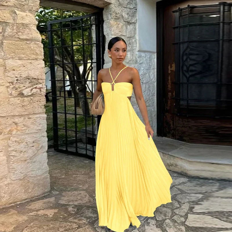 Halter Criss Cross Keyhole Pleated Tiered Ruffle Hem Maxi Dress