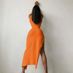 Rib Knit Mock Neck Sleeveless High Split Bodycon Maxi Dress