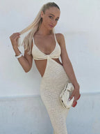 Knit Halter Twist Front Waist Cut Out Maxi Dress