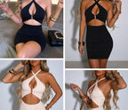 Halter Neck Criss Cross Keyhole Ring Bust Waist Cut Out Ruched Bodycon Mini Dress