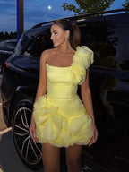 One Shoulder Ruffle Flower Strap Corset Bodice Bubble Hem Mini Dress