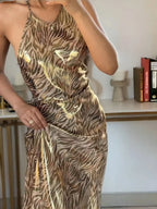 Zebra Stripe Print Halter Neck Backless Bodycon Maxi Dress