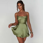 Satin Cowl Neck Spaghetti Strap Tiered Skater Mini Dress
