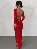 Long Sleeve Plunging Open Back Ruched Bodycon Maxi Dress