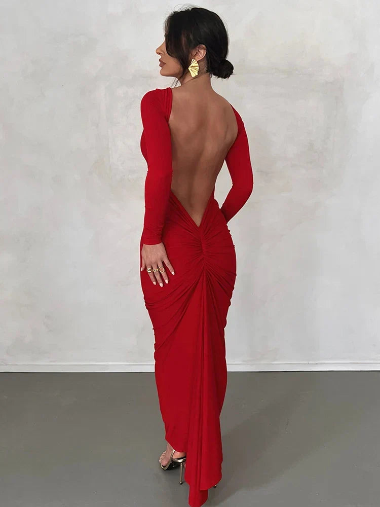 Long Sleeve Plunging Open Back Ruched Bodycon Maxi Dress