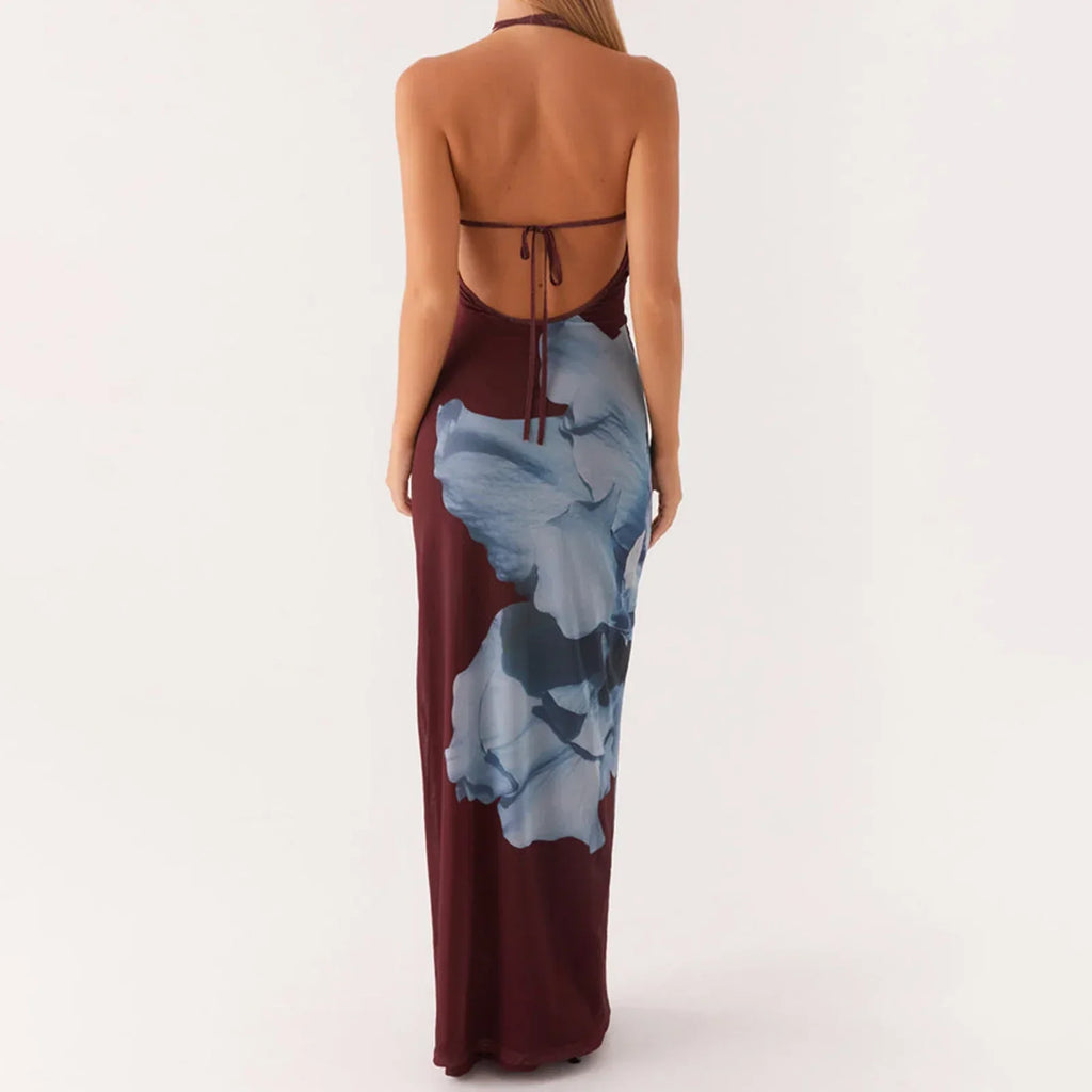 Large Floral Graphic Halter Spaghetti Strap Bodycon Maxi Dress