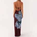 Large Floral Graphic Halter Spaghetti Strap Bodycon Maxi Dress