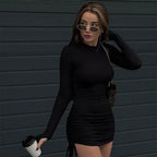 Crew Neck Thumbhole Cuff Side Drawstring Ruched Long Sleeve Mini Dress