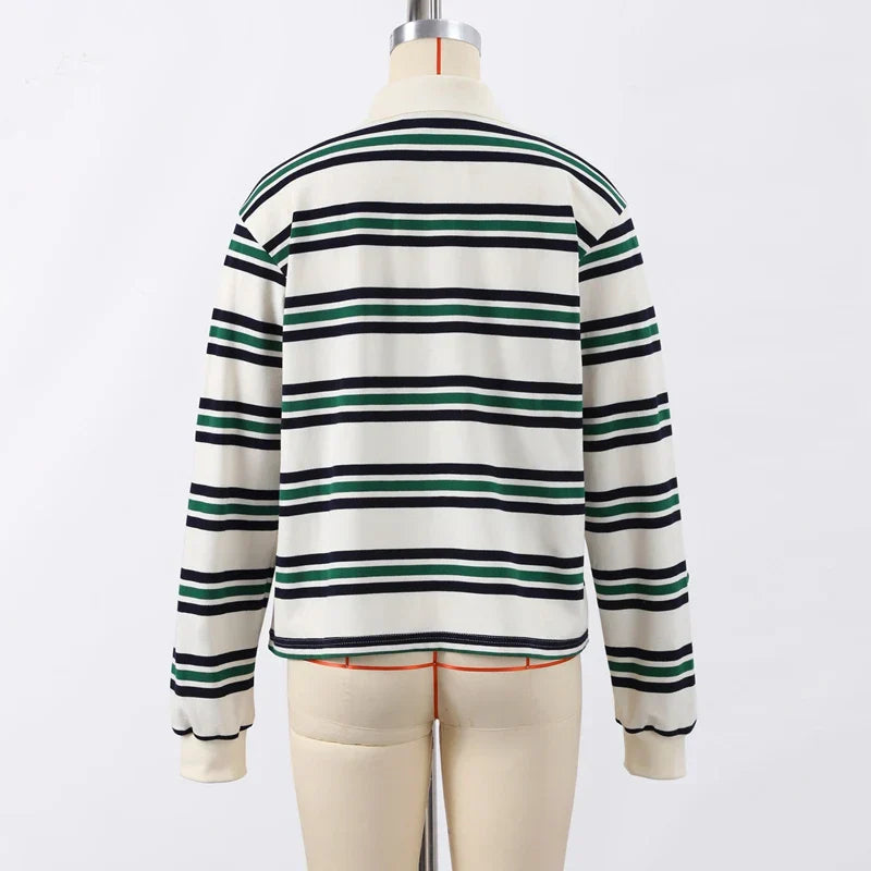 Vintage Stripe Basic Women's T-shirt Casual Long Sleeve Female All Match Polo Shirt Spring New Ladies Loose Tops High Street