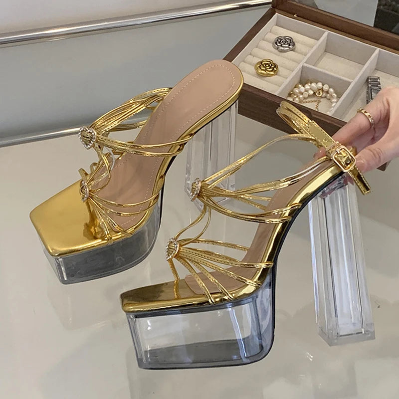Summer 14.5CM Clear Square High Heels Stripper Sandal for Women