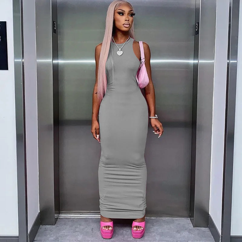Crew Neck Sleeveless Ribbed Bodycon Maxi Dress