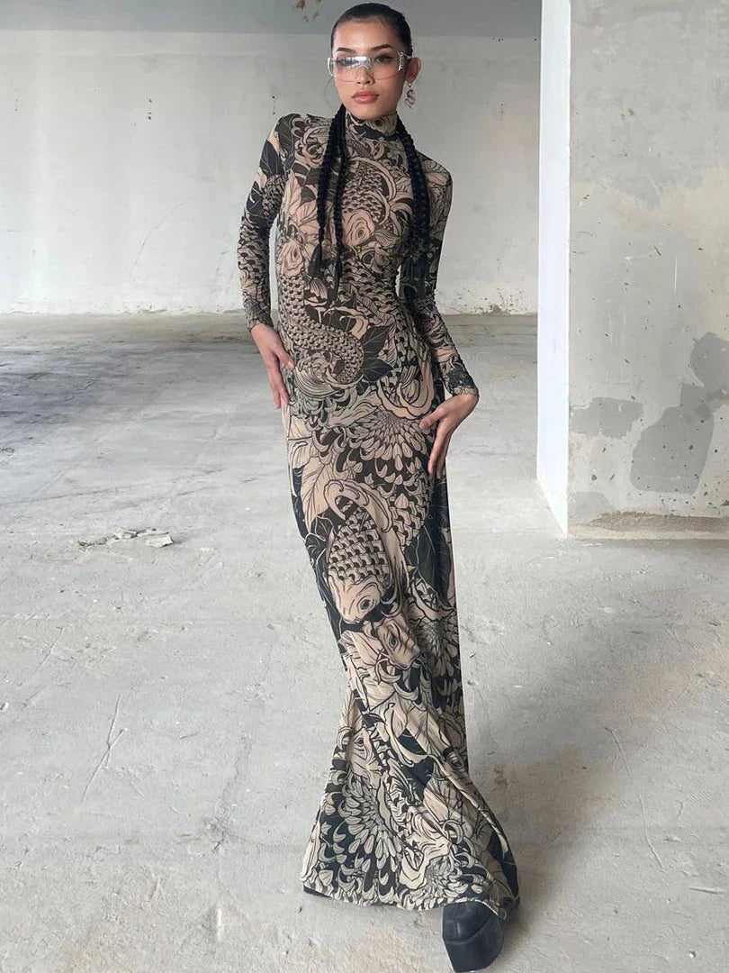 Koi Fish Chrysanthemum Graphic Print Turtleneck Long Sleeve Bodycon Maxi Dress
