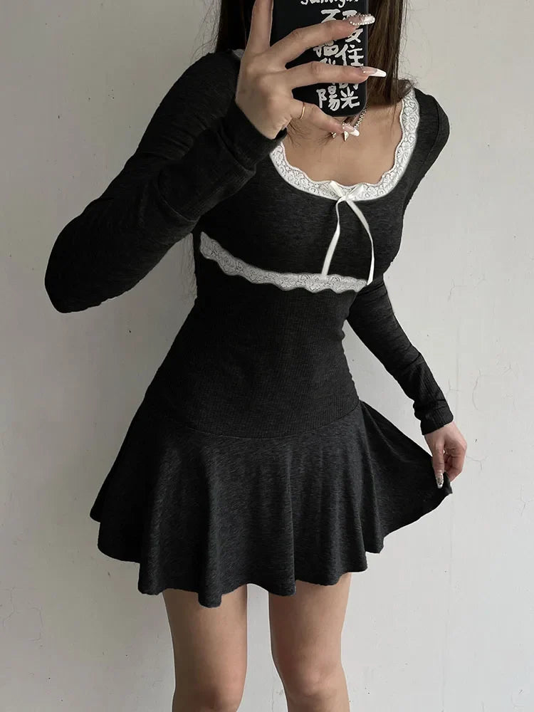 Square Neck Lace Trim Empire Waist Ribbon Bow Long Sleeve Fit and Flare Mini Dress