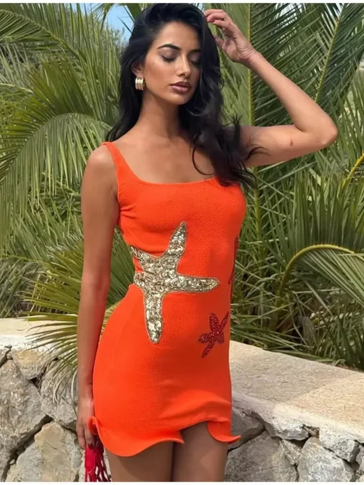 Starfish Applique Scoop Neck Lettuce Hem Mini Dress