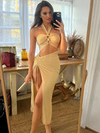 Halter O-Ring Ruched Cutout Midriff Drawstring Side Slit Maxi Dress