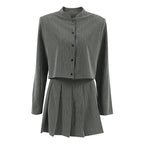 Women Striped Skirt Set Stand Collar Single Breasted Top High Waist Pleated Skirts 2024 Summer Fall New Fashion Lady Office Suit