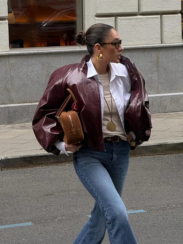Lady Retro Solid Color Stand Up Collar Pilot Jacket Fashion New Long Sleeved Zipper Jackets High Street Women Commuter Coat
