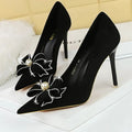 Pearl Bowknot Rhinestone High Heel Pumps in Suede Stilettos for Women - 10.5 cm