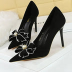 Pearl Bowknot Rhinestone High Heel Pumps in Suede Stilettos for Women - 10.5 cm