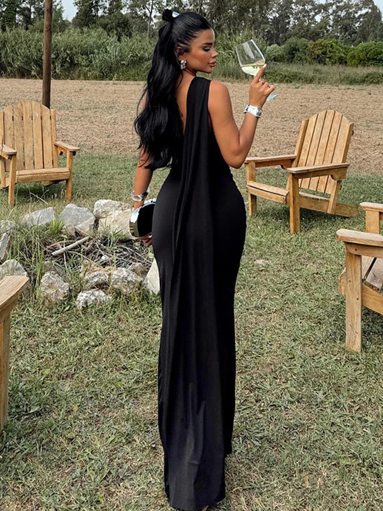 One Shoulder Ruched Bodycon Long Sash Drape Maxi Gown