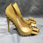 Nude Matte Pointy Toe High Heel Shoes with Spikes Bow