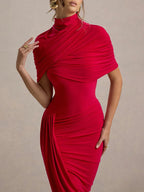 High Neck Diamond Open Back Ruched Cape Sleeve Asymmetric Hem Midi Dress