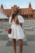 V Neck Puff Sleeve Mini Dress