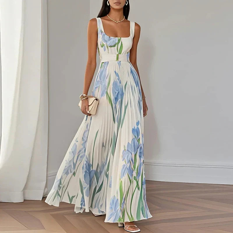 Square Neck Belted Accordion Pleat Floral Print Maxi Dress