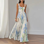 Square Neck Belted Accordion Pleat Floral Print Maxi Dress