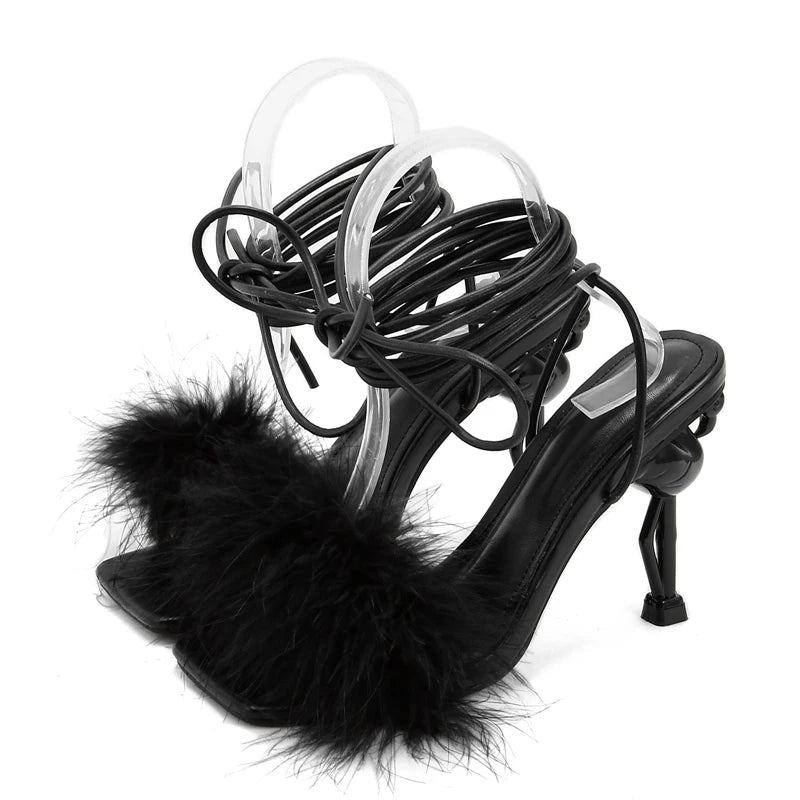 Fluffy Feather High Heel Ankle Strap Sandals for Women
