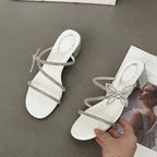 Glitter Rhinestones Bowknot Women Slippers with Crystal Narrow Low Heels