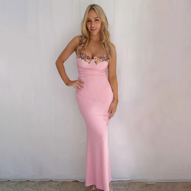 Sweetheart Floral Embroidery Strap Corset Waist Lace-Up Tassel Bodycon Midi Dress