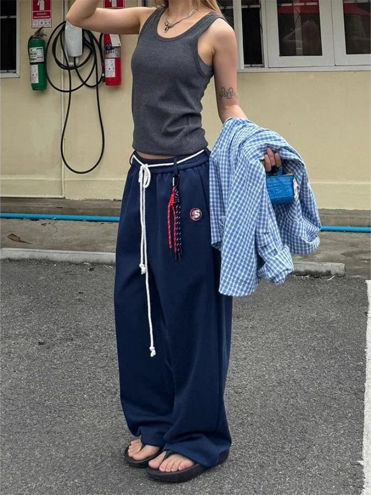 Y2k Kpop Oversized Sweatpants Women Vintage Wdie Leg Trousers with Belt Gyaru Streetwear Korean Fashion Baggy Joggers