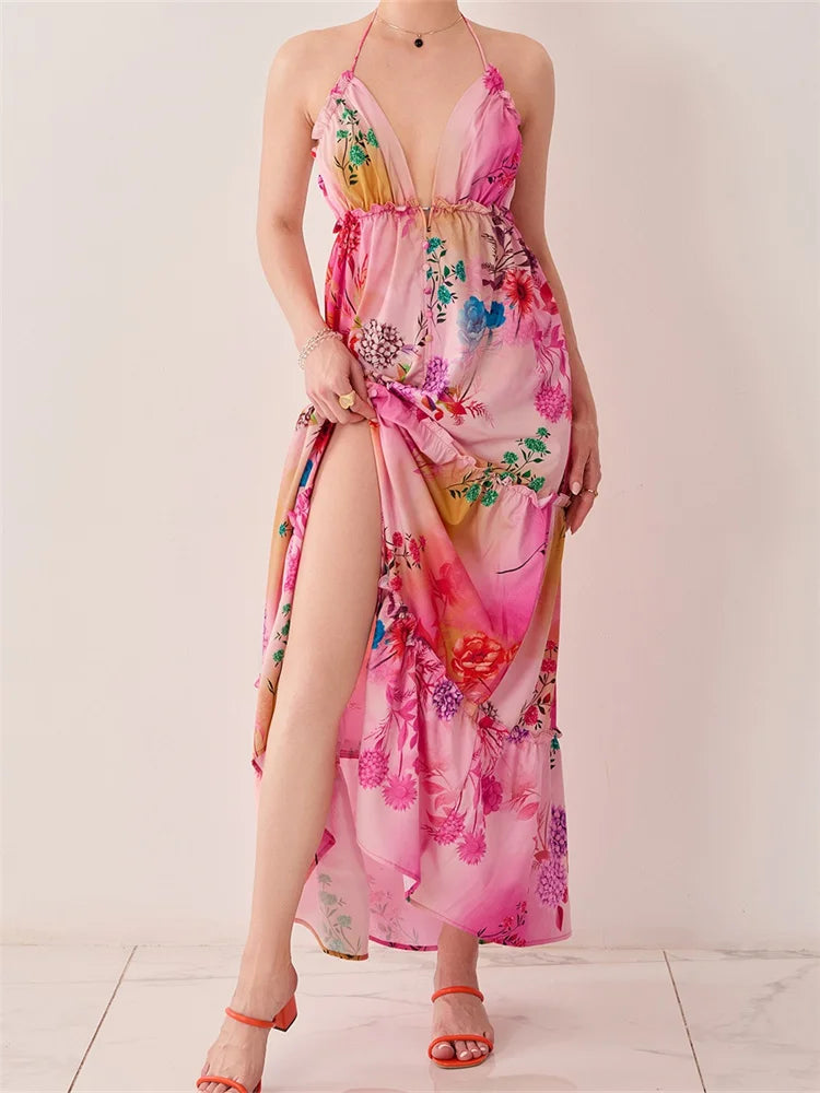 Floral Print Halter Deep V-Neck Tiered Ruffle Trim Maxi Dress