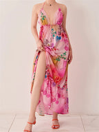 Floral Print Halter Deep V-Neck Tiered Ruffle Trim Maxi Dress