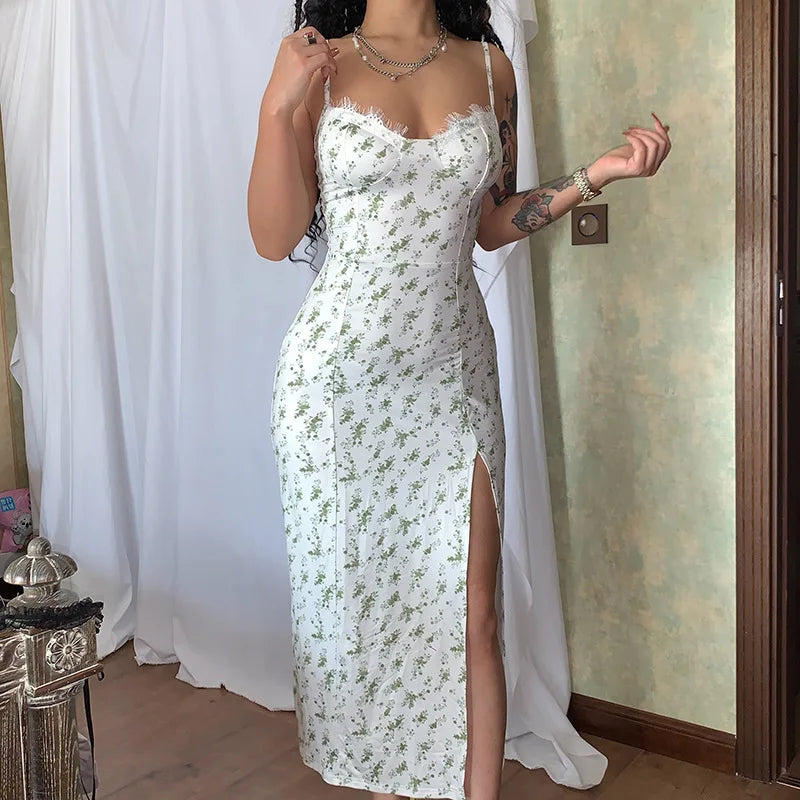 Floral Lace Trim Sweetheart Spaghetti Strap High Slit Slip Midi Dress