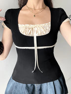 Contrast Lace Patchwork Y2K Black Crop Top