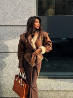 Fashion Warm Furry Leather Woman Jacket With Belt Chic Lapel Long Sleeve Motorcycle Coat Lady 2024 Winter High Street Outerwear