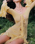 Tie Front Keyhole Long Sleeve Ruffle Cuff High Split Maxi Dress