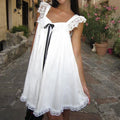 Square Neck Lace Ruffle Bow Trim Babydoll Mini Dress