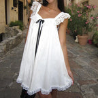 Square Neck Lace Ruffle Bow Trim Babydoll Mini Dress
