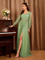 Cold Shoulder Bishop Sleeve Sequin Waist High Slit Chiffon Maxi Gown