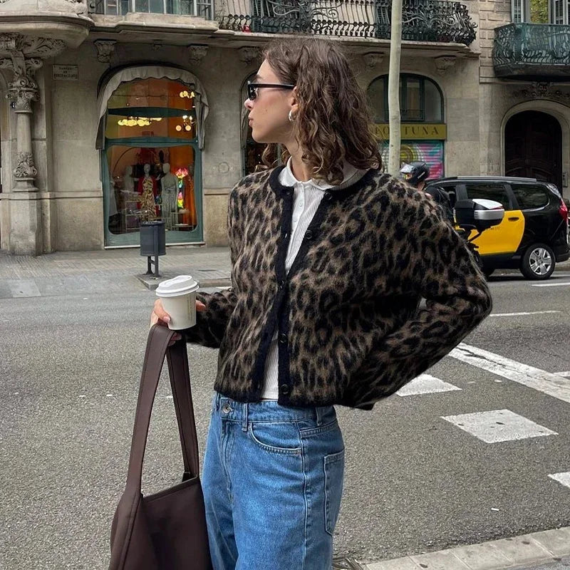 Vintage Leopard Print Knitted Mohair Cardigans Women O Neck Single Breasted Short Sweater Autumn New Lady Casual Streetwear