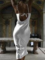 Cowl Neck Spaghetti Strap Lace Up Back Trumpet Midi Dress