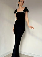 Rhinestone Square Neck Cap Sleeve Bandage Maxi Dress